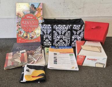 Large Storage Bag, Storage Bin, 150 File Folders, 3 Road Atlas Maps, 2 U.S. Quarter Collectors Map, 2 Books, Disney Story Book Advent Calender, Airborne Flag