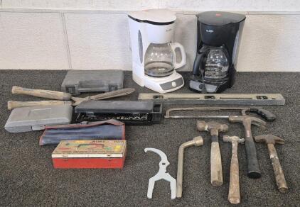 Vintage Tools, Hammers, Hand Saw, Level, Drill Bits, Sockets, 2 Mr Coffee Makers(Works), Other Miscellaneous Tools