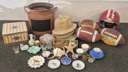 Tin Box, Vintage Milk Can Set, Vintage Safari Hats, Signed Footballs And Vintage Helmet, Shot Glasses, And More.