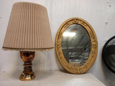 Vintage Brass Lamp, Gold Oval Shaped Mirror 25"X19"