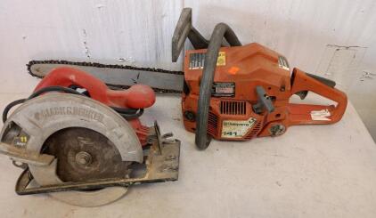Black & Decker 7 1/2" Skill Saw, Husqvarna 141 Chainsaw 40cc, 2.6 HP Engine. 16" Bar