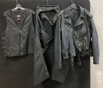 Harley Davidson Large Genuine Leather Vest, FMC XL Chaps, And Size 52 Genuine Leather Jacket