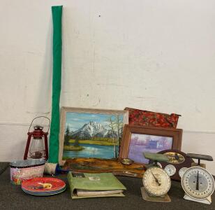 (2) Paintings, Kite, Tomato Cage, (2) Clocks, (2) Vintage Household Scales, Recipe Binder, And More