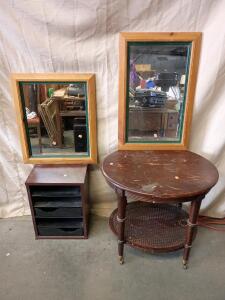(2) Wood Framed Mirrors 29"X19", 25"X21", Oval Wooden End Table 28"W X 23"L X 25"H, Wooden Desktop File Organizer
