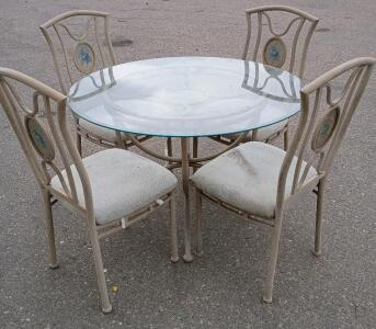 Cast Aluminum Patio Dining Set with a Glass-Top Table and Four Chairs. Table 45"W X 30"T, Chairs 41" X 19" X 19"