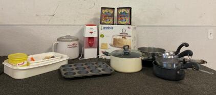 Pots, Pans, Muffin Tin, 2-Piece Cale Set, Donvier Ice Cream Maxer, Mr. Coffee Iced Tea Maker, Measuring Spoons And More