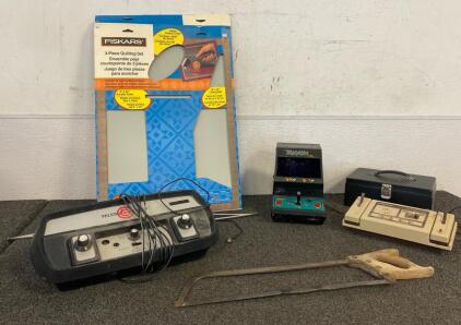 Fiskars 3-Piece Quilting Set, Telstar Ranger (Unable To Test), Radio Shack TV Scoreboard (Unable To Test), Zaxxon Game (Unable To Test), Money Box, And Saw