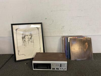 Sharp Stereo 8 Record Deck (Unable To Test), Jimi Hendrix Framed Drawing, And Vinyls