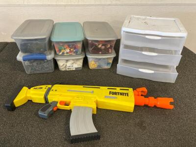 (6) Bins Of Legos, 3 Drawer Organizer, And Fortnite Nerf Gun