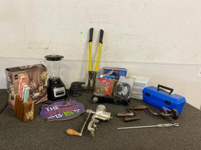 Chain Cutters. Husky Air Hose Accessory Kit, Tackle Box And Fishing Stuff, Working Oster Blender, Meat Grinder, Hitch, Pioneer Woman Knife Set And More