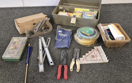 Fishing Box With Hooks, Lures And More! Wood Tools, Weed Eater Line, Wipe Cutters And More!