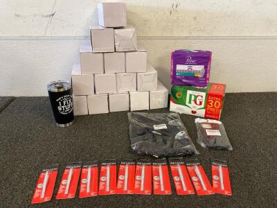 15) New Mens Tumblers, Poise Pads, (10) New Revlon Slant Tweezers, IPhone 15 Pro Max Case, (240) Blck Tea Bags, Sofa Pillowcase
