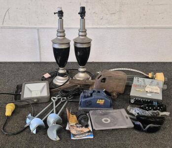 Drill Doctor(Works), Car CD Player, Sunglasses, Grinder Plates, Large Stakes, 2 Lamps, Antique Toy, Lawn Sprinkler