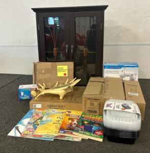 (1) Cabinet, (1) Mini Sewing Machines, (1) Table Top Fireplace, And More