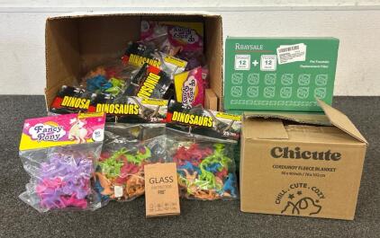(2) Rbaysale Pet Fountain Replacement Filters, (1) Chicute Corduroy Fleece Blanket, And Plastic Unicorns And Dinosaurs