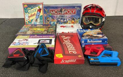 Various Different Board Games Including Disney Monopoly And (1) Fly Racing Dirt Bike Helmet