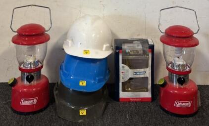 (2) Coleman Lanterns, (3) Hard Hats, & Schlage Doorknobs