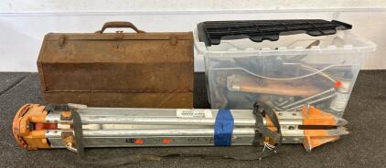 (1) Surveying Tripod, (1) Tool Box, And Tote Filled With Various Tools