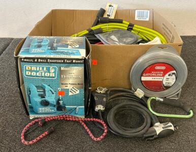 (1) Drill Doctor Precision Drill Bit Sharpener, (1) Magnum Gatorline Square, (1) 25 FT Pressure Washer Hose, And More