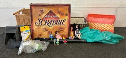 (1) Scrabble Deluxe Edition, (3) Baskets, (3) Sun Protectors, And More