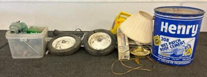 (1) Container Of Henry 208 Wet Patch Roof Cement, (1) Aluminum Studio Easel, (1) Power Blower, And More