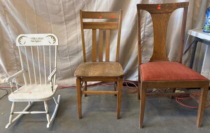 Upholstered Chair Wooden Chair H 3&rsquo; 1&rdquo; W 1&rsquo; 5&rdquo; L 1&rsquo; 4&rdquo;, Childrens Rocking Chair H 2&rsquo; 5.5&rdquo; W 1&rsquo; 3&rdquo; L 1&rsquo; 2&rdquo;