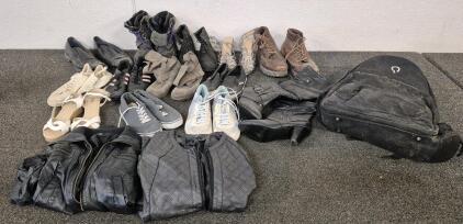 13 Pairs Of Women's, Men's, Kids Shoes Various Sizes, Large Backpack, 2 Women's Fux Leather Jackets