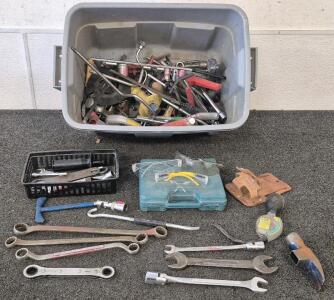 Assortment Of Tools! Wrenchs, Bits, Sockets, Protective Eye Wear, Hammer Heads, Measuring Tape And More.