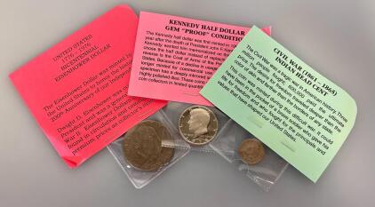 Kennedy Half Dollar, Bicentennial Eisenhower Dollar, and Civil War Indian Head Cent