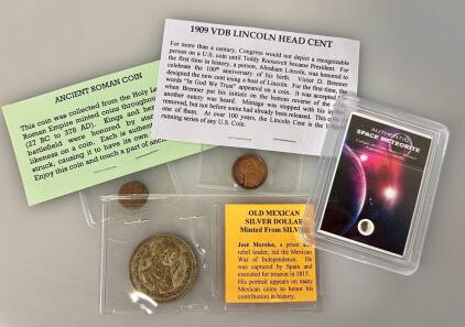 Ancient Roman Coin, 1909 Lincoln Head Cent, Mexican Silver Dollar, and Authentic Space Meteorite Fragment