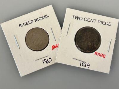 1869 Two Cent Coin and 1869 Shield Nickel