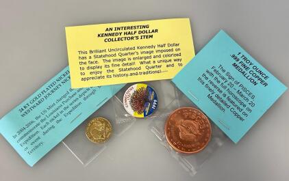 Kennedy Half Dollar, 1 Troy Ounce Fine Copper Medallion, and Gold Plated Nickel