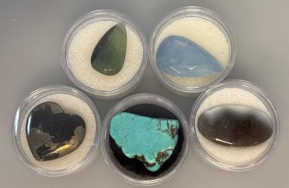 (5) GemJars With Different Polished Cabochon Gemstones