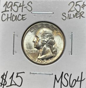 1954-S MS64 CHOICE SILVER WASHINGTON QUARTER