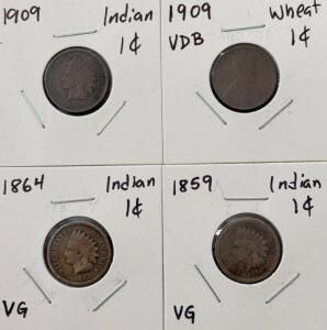 (1909) Indian Head Cent And VDB Wheat Penny One Cent, 1859-1864 Indian Head Pennies VG