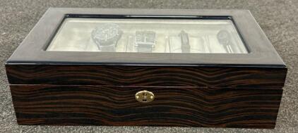(1) High Gloss Jewelry And Watch Box And Includes (4) Watches And (4) Bracelets