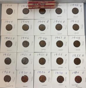 (25) 1919-1994 Wheat Pennies One Cent Coins Including 50Cents Roll Of Wheat Pennies 1909-1958