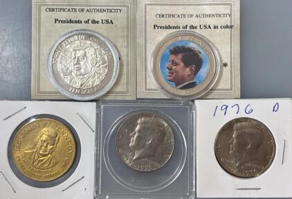 (2) Certificate of Authenticity John F. Kennedy &ldquo;President Of The USA&rdquo; Coins, (2) Bicentennial JFK Half Dollar Coins, W/ John F. Kennedy Presidential $1 Coin honors the 35th President