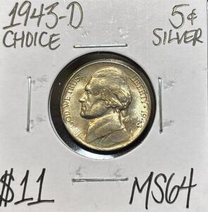 1943-D MS64 CHOICE SILVER JEFFERSON NICKEL