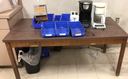 5ft Table, (3) Small Appliances Blue Bins & Sunscreen