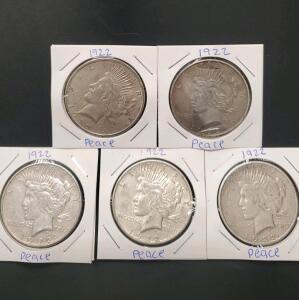 (5) 1922 United States Peace Dollars, Silver, Lady Liberty and Bald Eagle Design