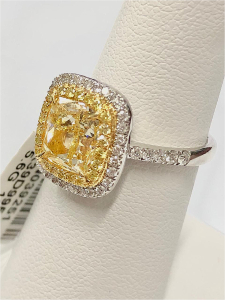 18K Two Tone Gold Diamond Ring, 3.67 CTW, Cushion Cut Fancy Light Yellow, GIA Cert