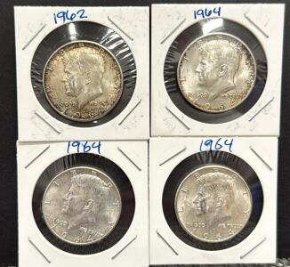 1964 Kennedy Half Dollar Coin Set, 90% Silver, U.S. Mint, 4 Coins Total