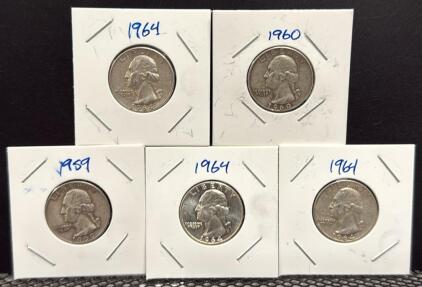 Set of 5 U.S. Washington Quarters, 90% Silver, 1959, 1960, 1964