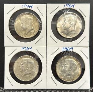 (4) 1964 Kennedy Half Dollar Coin, 90% Silver, First Year of Issue