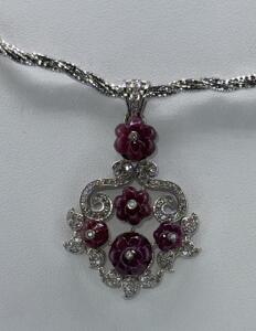 Sterling Silver Necklace with Ruby and Diamond Pendant, 16.20 ctw Ruby, Appraised at $7,720