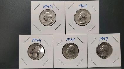 (5) Total U.S. Silver Washington Quarters, 1944, 1945, 1957, 1964, 90% Silver