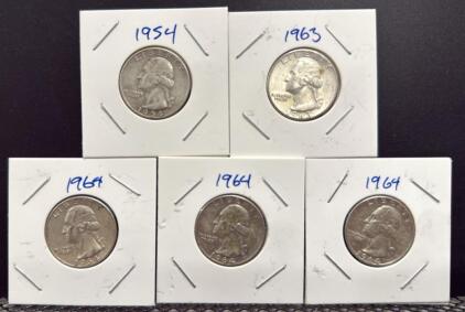 United States Washington Quarter Coins - 1954, 1961, 1963, 1964 - 90% Silver