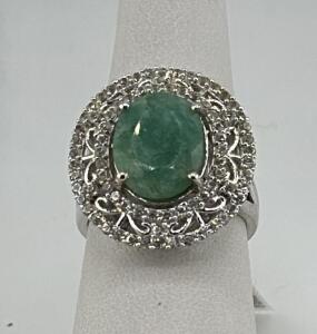 Sterling Silver Ring with 5.00 ct Dyed Green Beryl (Emerald), Sapphire Corundum Setting