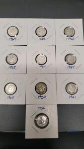 (10) 1950s-1960s Roosevelt Dimes, Variety of Years, US Mint, Silver & Copper-Nickel